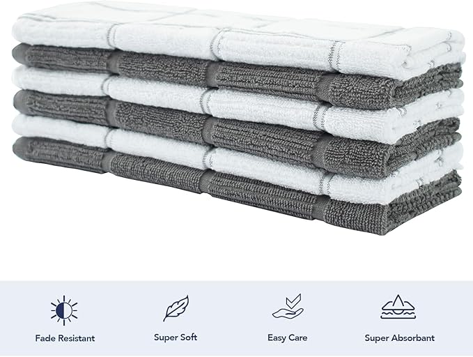 CRAFTSWORTH Kitchen Towels, 15 x 26 Inches, Pack of 6, 400 GSM, 100% Ring Spun Cotton, Grey Combo Windowpane Dish Towels Super Soft and Absorbent, Tea Towels and Bar Towels