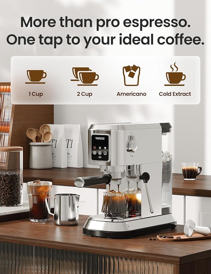topzee Espresso Machine 20 Bar, Compact Coffee Maker with Milk Frother & Cold Brew Function, 52oz Removable Water Tank, Stainless Steel Cappuccino, Latte Maker, Silver