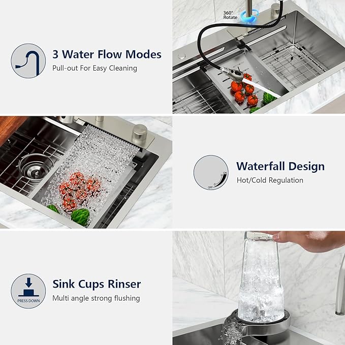 Lordear Waterfall Kitchen Sink 33x19 Inch Drop In Kitchen Sink T304 16 Gauge Stainless Steel Single Bowl Ledge Worktation Kitchen Sinks Handmade Deep Basin, 33"x19"x9"