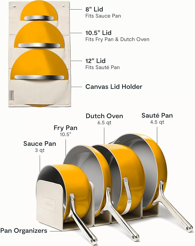Caraway Nonstick Ceramic Cookware Set (12 Piece) Pots, Pans, Lids and Kitchen Storage - Non Toxic - Oven Safe & Compatible with All Stovetops - Marigold