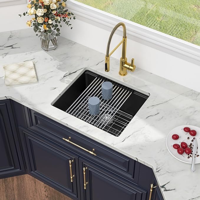 Kichae Black Undermount Bar Sink - 21 x 18 Black Composite Granite Undermount Wet Bar Prep Kitchen Sink