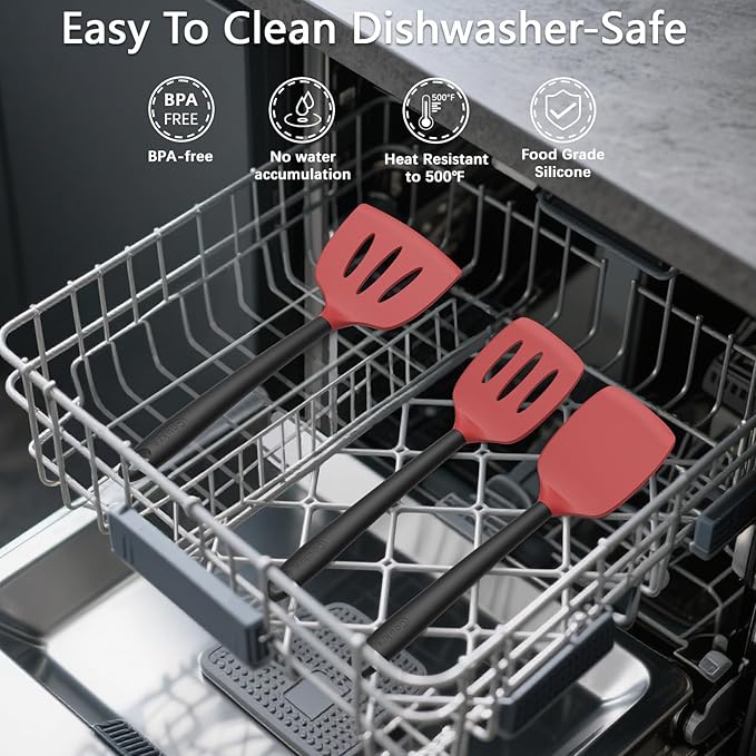 Coukre 3 Pack Silicone Spatula Set, High Heat Resistant, BPA-Free, Fish Spatula, Solid & Slotted Turner for Non-Stick Pans, Flipping Eggs, Pancakes, Fish, Burgers (3, RedBlack)