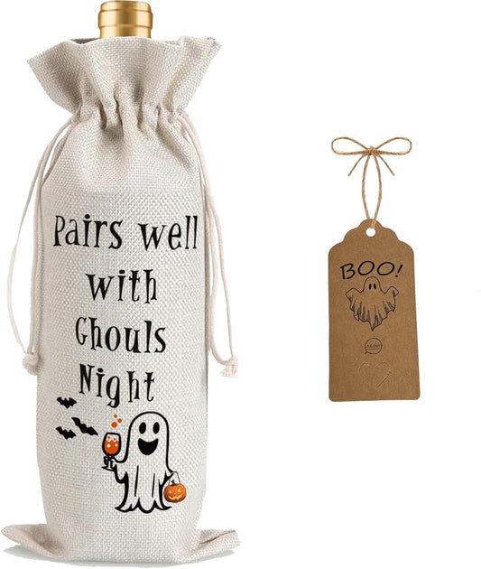 1Pcs Ghouls Night Gifts Wine Bag,Halloween Wine Bag,Happy Halloween Gifts Party Decorations for Women Menwith 1Pcs Kraft Blessing Cards and natural jute rope