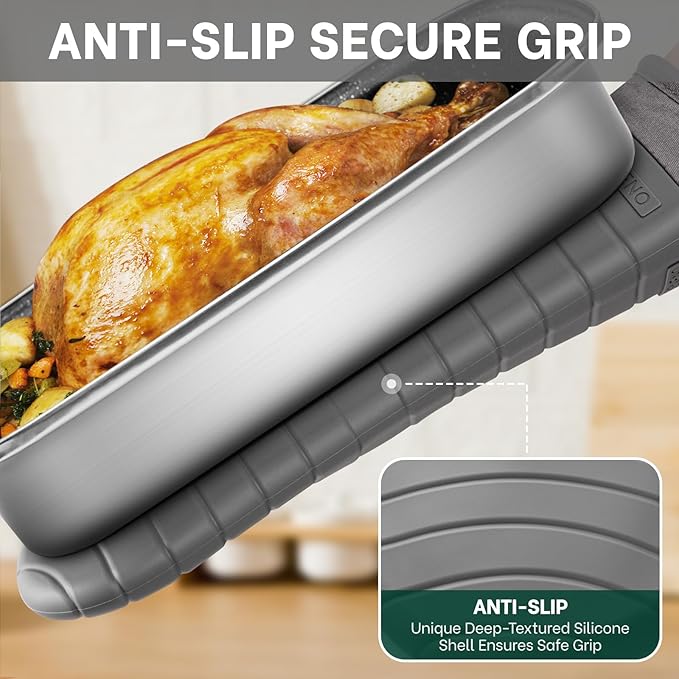 Beneno Premium Silicone Oven Mitts 2-Pack Heat Resistant 500°F, Soft Flexible Non-Slip Grips, BPA-Free & Waterproof Oven Mitts with Comfortable Cotton Lining for Baking, Grilling, Cooking, 7"x13" Gray