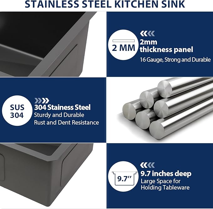 Lordear 33 Undermount Kitchen Sink Matte Black 33X19 Inch Sinks Ledge Workstation16 Gauge Stainless Steel Single Bowl Under Counter Kitchen Sink Basin with Built- in Accessories
