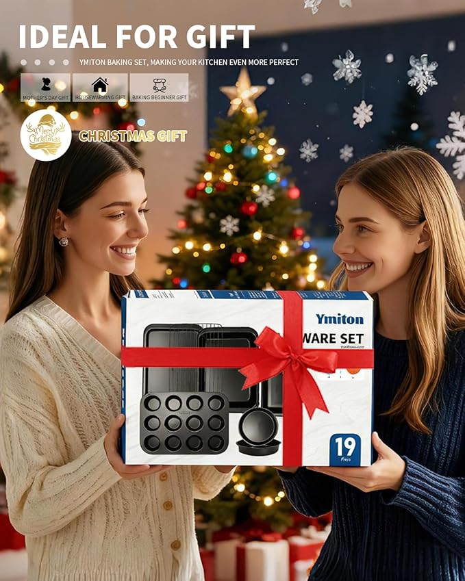 Nonstick Baking Pans Set, 19 PCS Stackable Bakeware Sets, Oven Pan Set Includes Baking Tray, Cookie Sheet, Cake Pans, Loaf Pan, Muffin Pan, Silicone Cups