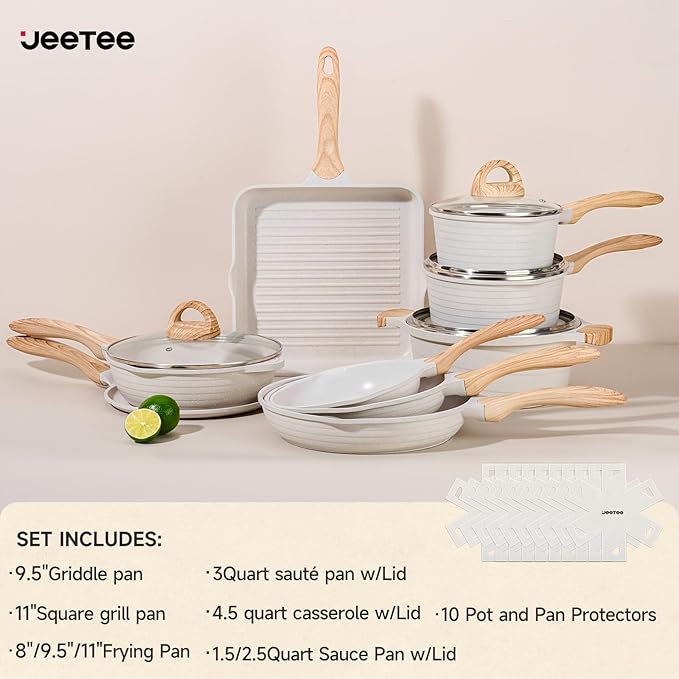 JEETEE 23pcs Pots and Pans Set Non Stick, White Cookware Sets for Kitchen, w/Frying Pans, Saucepans, Sauté & Griddle & Crepe Pan, Induction Cooking Pots (PFOA/PFAS/PFOS Free)