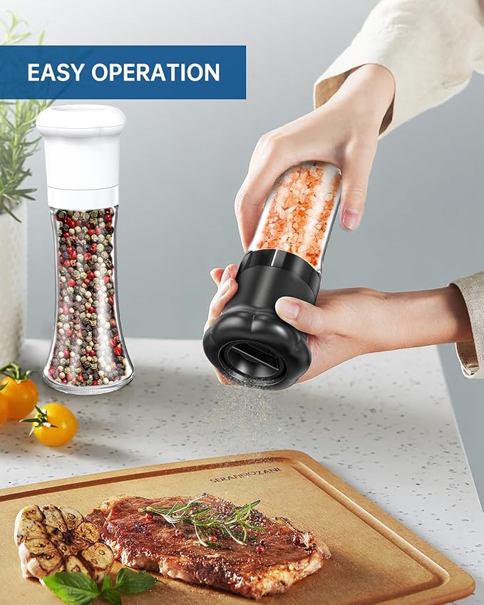 CIRCLE JOY Manual Salt and Pepper Grinder Set For Professional Chef, Refillable Salt and Pepper Shakers with Ceramic Blades, Adjustable Coarseness and BPA-free 180ml Glass Container, Tall Black White