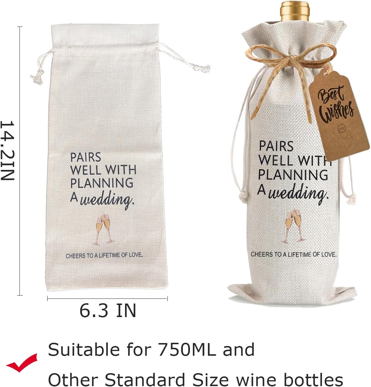 1Pcs Wedding Engagement Gifts for Couple, Mr & Mrs Gift, Newlywed Wine Bag Weeding Gift Wine Bag with 1Pcs Kraft Blessing Cards and natural jute rope