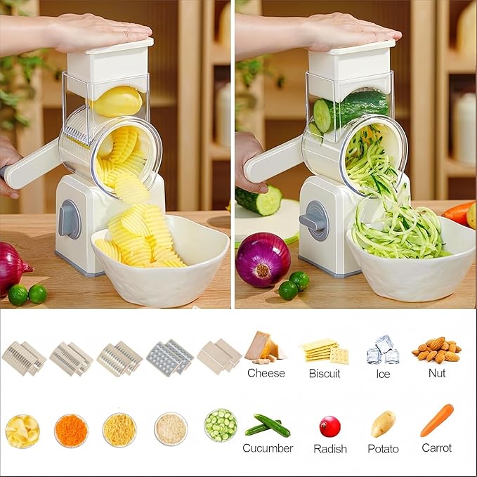 Rotary Cheese Grater with Handle,Replaceable Stainless Blades Cheese Shredder,Multi-Functional Cheese Vegetable Slicer with Storage Box,Easy to Clean Kitchen Gadgets with Storage Box (Beige, 5 Blades)