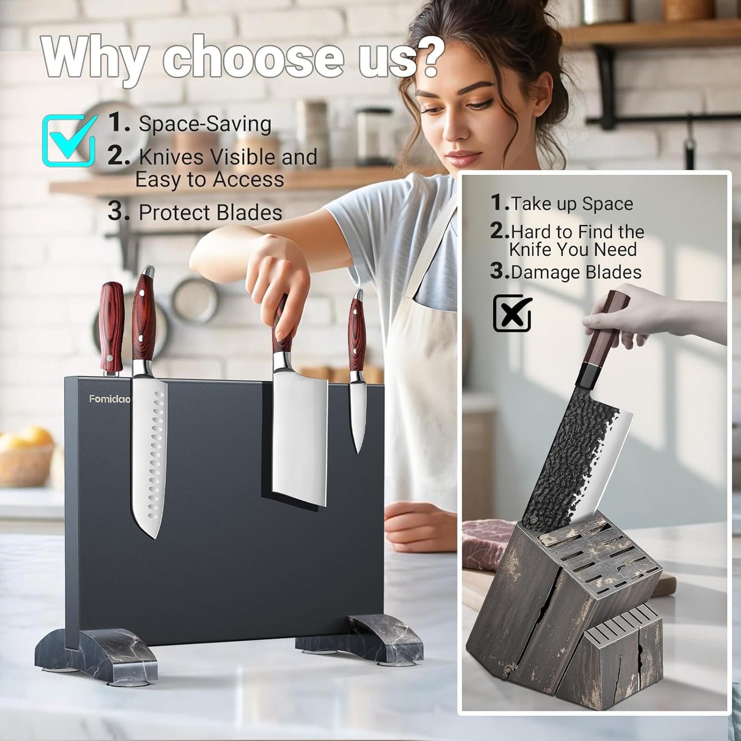 Magnetic Knife Holder Block,Black Magnetic Knife Stand for Kitchen Counter Top,Double Sided Stainless Steel Knife Storage,Strong Magnet Knife Rack