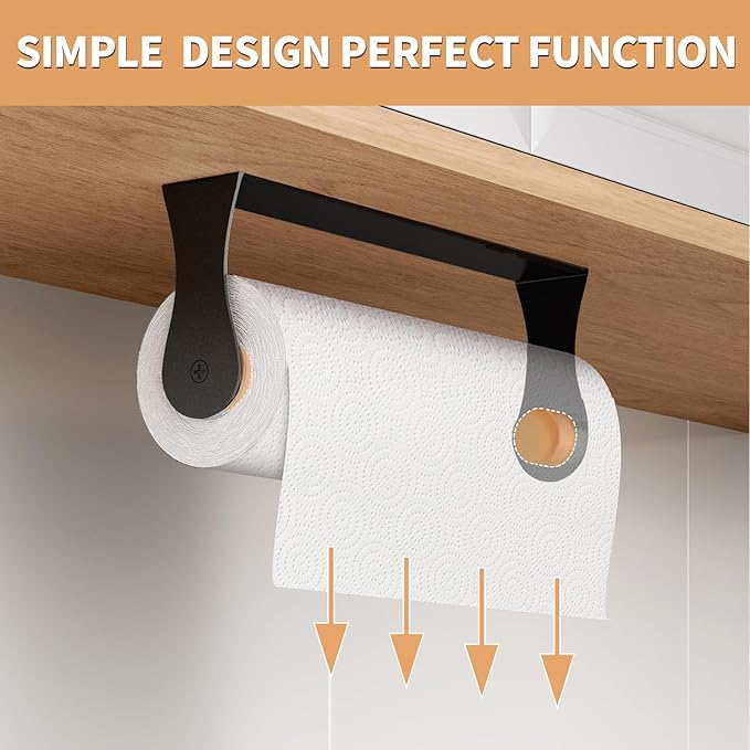 Paper Towel Holder Under Cabinet, Stainless Steel, Wall Mount, Black Adhesive Paper Roll Holder for Kitchen and Bathroom