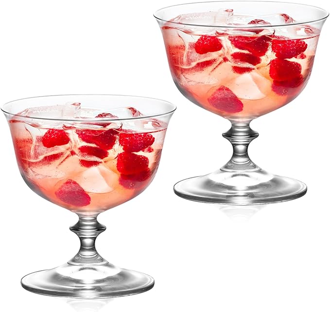 KAMMAK Cocktail Glasses Set of 2, 10oz Crystal Dessert Glass with Short Stem, Classic Glassware for Ice Cream, Mixed Drinks, Modern Bar Drinkware for Party, Beach, Anniversary