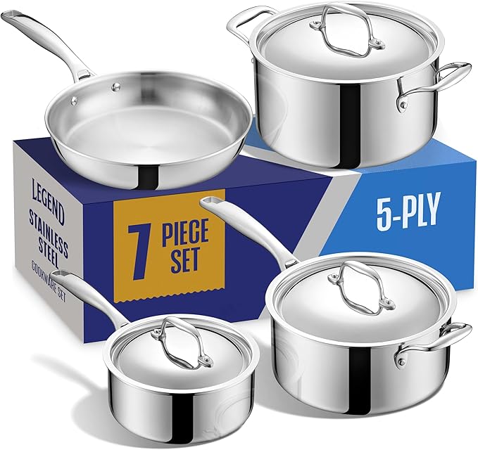 LEGEND COOKWARE Stainless Steel Cookware Set | 5 Ply, 7-Piece Pot and Pan Set Induction Compatible, Non-Toxic | Best Heavy Duty 18/8 Construction | Oven Safe Even Heating | PFOA PTFE PFOS Free
