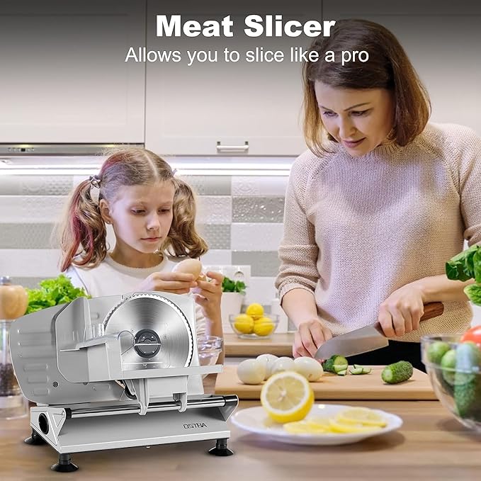 OSTBA Meat Slicer Machine for Home, Electric Deli Food Slicer with Removable 6.7” Stainless Steel Blades, 0-15mm Adjustable Thickness, Easy to Clean, 150W, Ideal for Cold Cuts, Cheese, Bread, Fruit