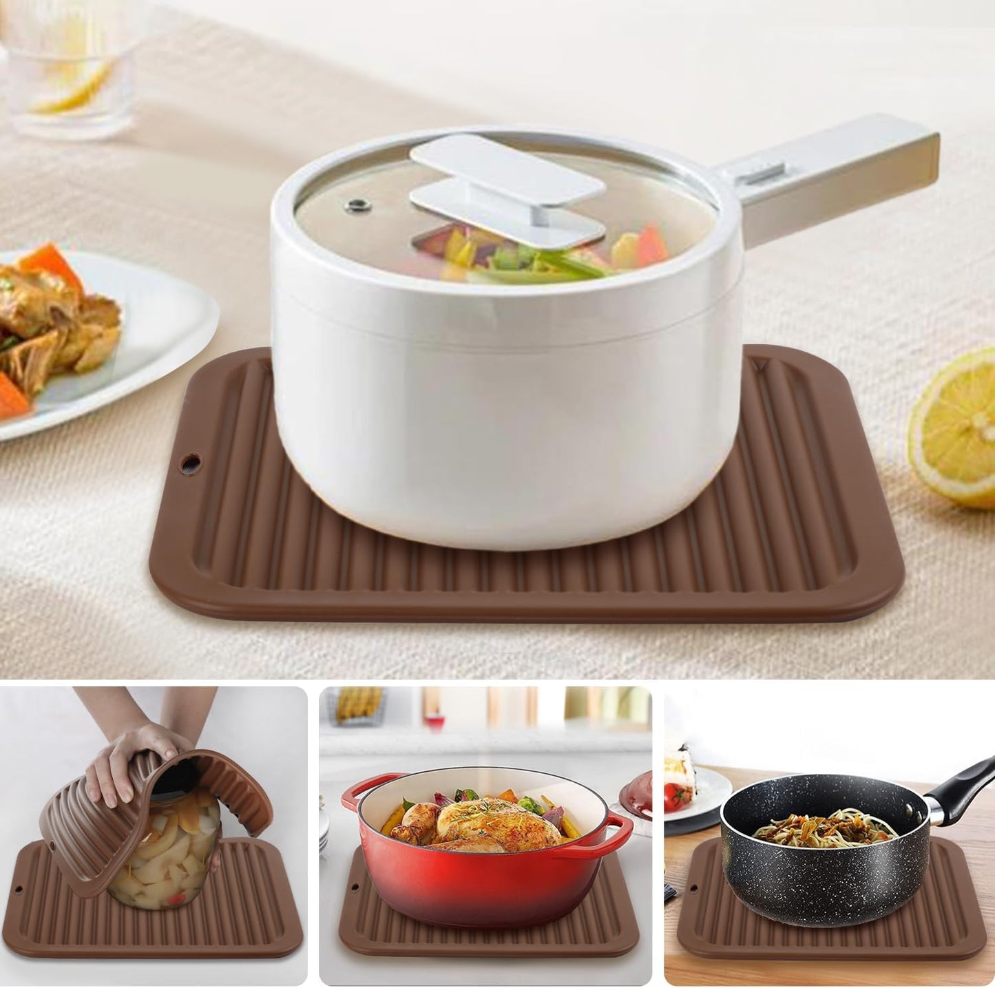 4 Pack Silicone Trivets for Hot Dishes Large 446°F Heat Resistant Pot Holder Hot Pads for Kitchen 9'' x 12' Brown Silicone Trivet Mat for Hot Pots and Pans, Jar Opener, Drying Mat