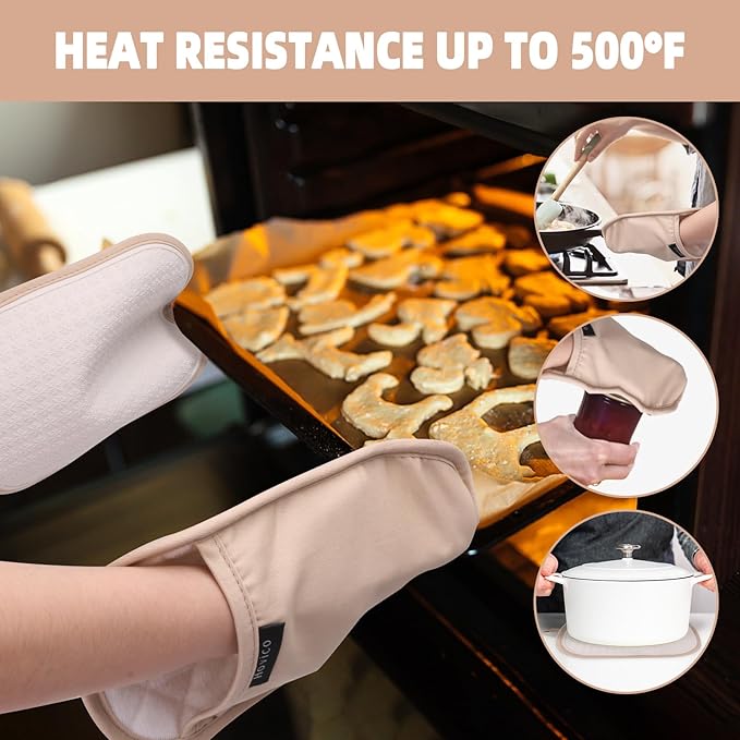 Hovico 2PCS Silicone Pot Holders, Oven Mitts Heat Resistant Hot Pads with Pockets, Non Slip Pot Holder for Kitchen Baking and Cooking| 9.8 x 7 Inches | Towel Cloth Interior Lining - Milkshake