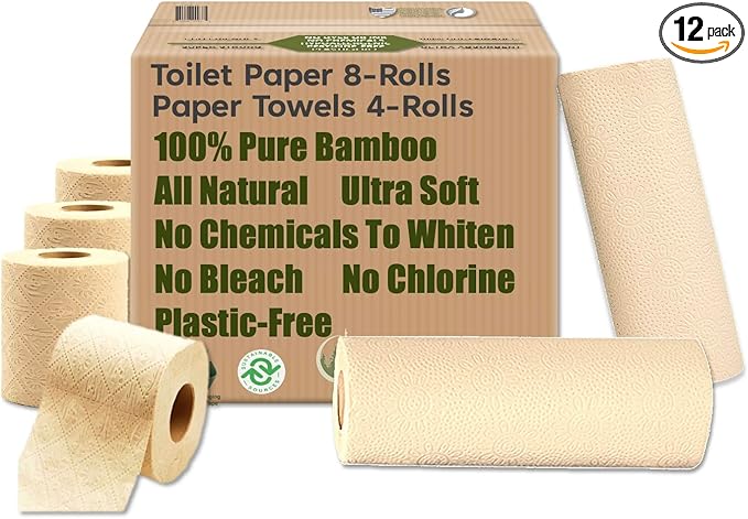 100% Natural Bamboo Toilet Paper, Paper Towel Rolls, tree-free, unbleached, 3-Ply, 4 Paper Towel and 8 Large Toilet Paper Rolls (Home Pack Plus)