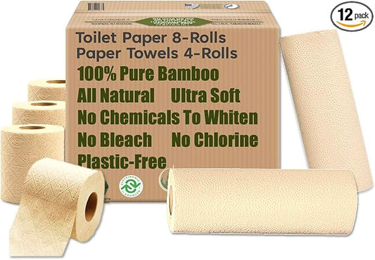 100% Natural Bamboo Toilet Paper, Paper Towel Rolls, tree-free, unbleached, 3-Ply, 4 Paper Towel and 8 Large Toilet Paper Rolls (Home Pack Plus)