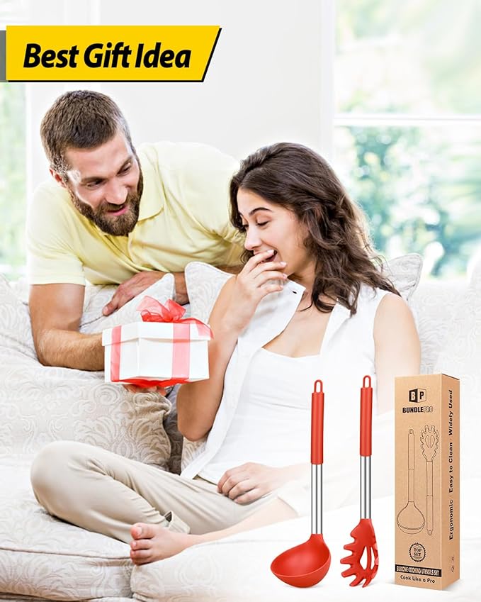 Silicone Pasta Fork and Ladle Spoon Set, Large Non Stick Kitchen Utensils for Cooking,Stirring,Serving Spaghetti, Soup, Sauce (RED)