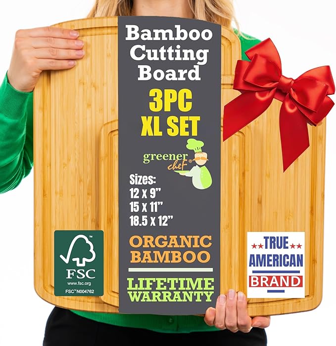 Organic Wood Cutting Boards for Kitchen for Chopping Vegetables, Carving Meat, Slicing Bread and Serving Charcuterie for Meal Time Prep, Holiday Gatherings, and Hosting Parties - Ideal for Home Chefs