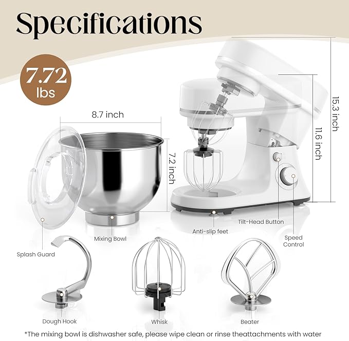800W Stand Mixer with 5.3QT Bowl, 6-Speed with Pulse Electric Kitchen Mixer, Food Mixer with Dough Hook, Whisk, Beater Tilt-Head & Non-Slip Base for Cookie, Cake, Bread & Baking-White