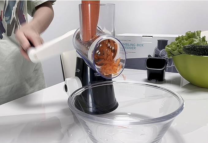 Rotary Cheese Grater Hand Crank, Grater For Kitchen With Reinforced Suction - Rotary Cheese Grater With 3 Replaceable Stainless Steel Blades - Easy to Use & Clean - Vegetable Cutter (Black)