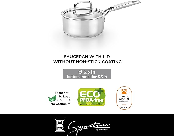 BRA COOKWARE Signature 10 Piece Cookware Set | Stainless Steel Professional Kitchenware Set | 2 Pots, 1 Sauté Pan, 2 Frying Pans, 1 Saucepan, 4 Lids | All Stovetop Compatible | PFOA Free