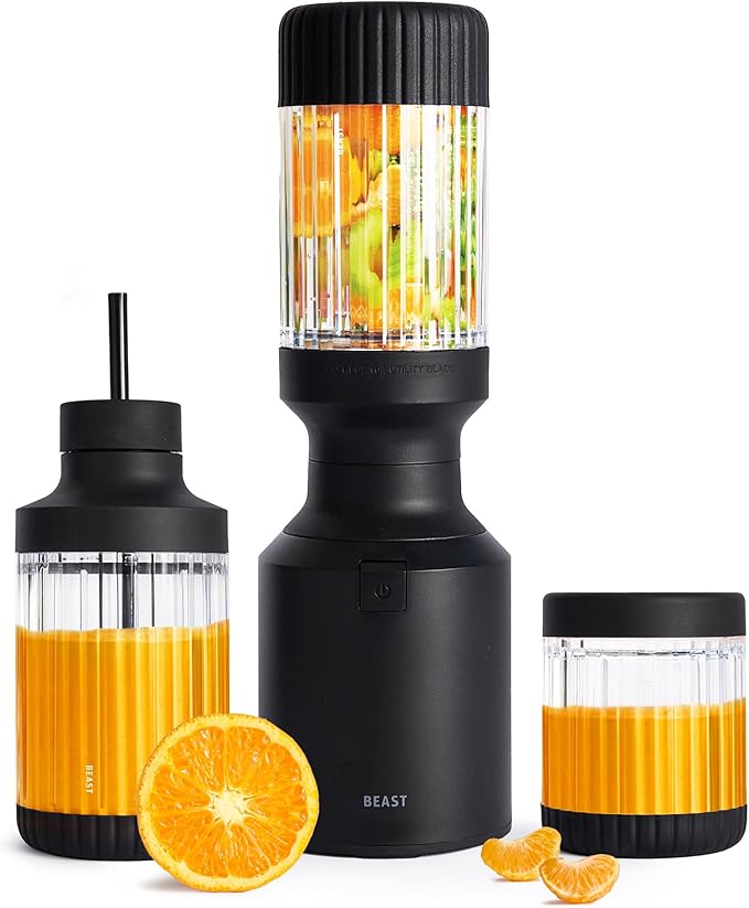 The Beast Mini Blender Plus | Mini Countertop Kitchen Blender | Blend Smoothies and Shakes, Dressings, Sauces, Dips | Extra Vessels, Straw Cap and Straws Included | 600W (Carbon Black)