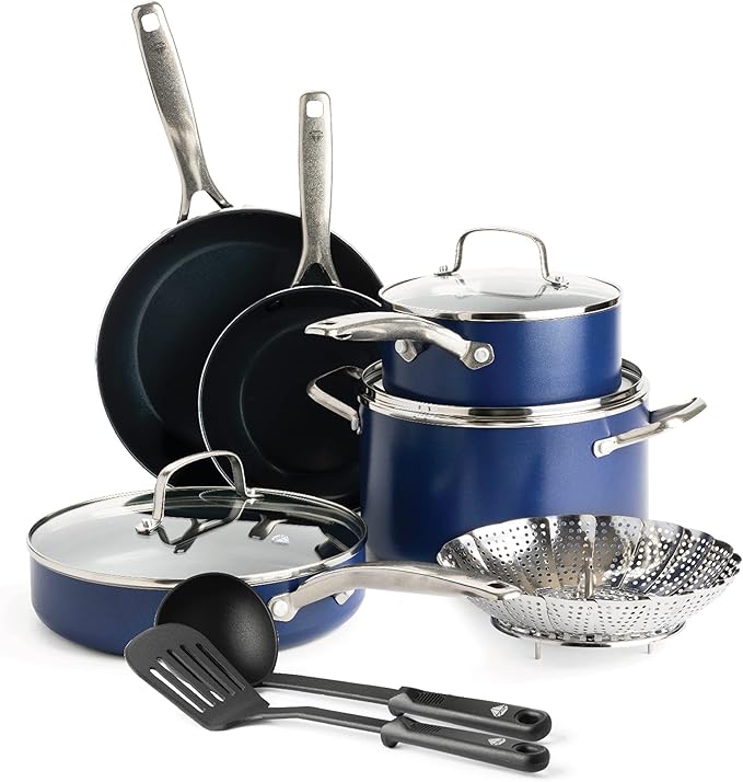 Blue Diamond 11 Piece Cookware Set, Diamond Infused PFAS & PFOA-Free Ceramic Nonstick Pots and Pans, Durable Nontoxic Metal Utensil Safe & Scratch Resistant, Dishwasher & Oven Safe, Blue