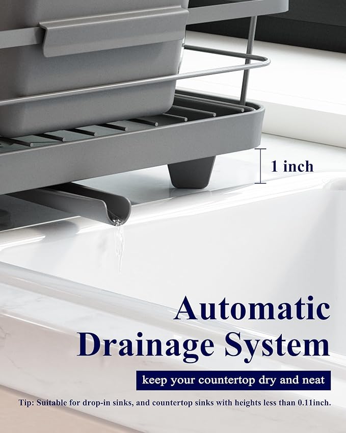 Kitsure Dish Drying Rack for Kitchen Counter, Stainless Steel Sink Organization and Storage Essentials with Cutlery Holder, Home and Appartment Decor, 12''W x 15.5''L, Grey