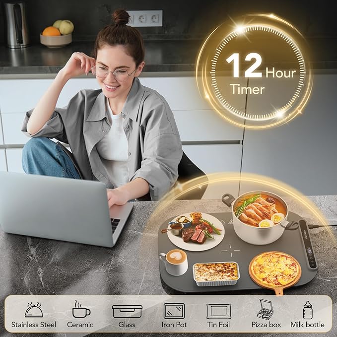 Food Warming Mat, Food Warmers for Parties Buffet, Silicone Heating Mat with 7 Temperature Settings, Roll-Up Storage, 17.91"x12.8", Grey