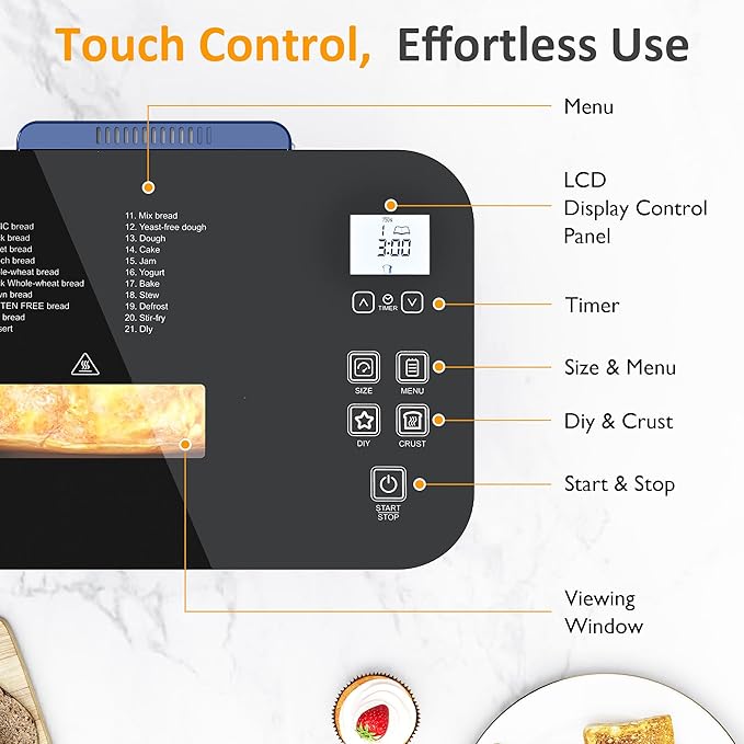 21-in-1 Programmable Bread Machine, 2.2LB Break Maker with Nonstick Pan & Digital Touch Panel, 3 Loaf Sizes 3 Crust Color, Keep Warm & 15H Timer, Bread Making Kit & Breakfast Maker, Blue