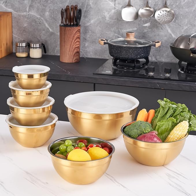 Gold Mixing Bowls with Airtight Lids, Stainless Steel Nesting Mixing Bowls Set of 7, Ideal for Baking, Prepping and Serving Food, Size 7, 3.6, 2.7, 2.1, 1.5, 1.1,0.8 QT, Stackable Design