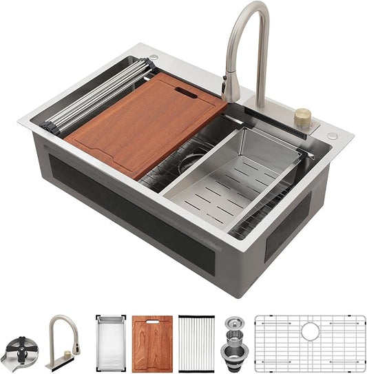 Lordear 33 Waterfall Kitchen Sink 33x22 Drop In Kitchen Sink Stainless Steel 16 Gauge Single Bowl Multifunctional Workstation Sinks with Built-in Accessories,Glass Rinser and Faucet Included