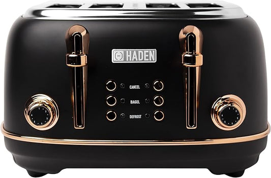 HADEN Heritage 4-Slice Toaster with Extra Wide Slots, 1500-Watt, Black & Copper - Retro Stainless Steel Design with Self-Centering Function, Adjustable Browning Control & Removable Crumb Tray