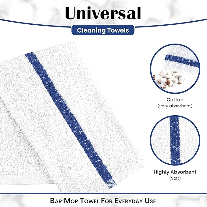 Bar Mops Blue Stripe Pack of 60 Kitchen Towels 16x19 Multi-Purpose for Home, Restaurant and Cleaning White Absorbent Washcloth Dishcloths Sets, Reusable Dish, Cloths Rags