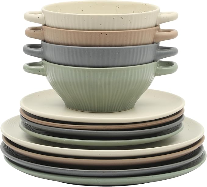 Gibson Elite Clover Hill 12-Piece Stoneware Dinnerware Set – Assorted Colors in Sage Green, Charcoal, Taupe & Cream – Embossed Reactive Glaze Plates & Bowls, Microwave & Dishwasher Safe, Service for 4