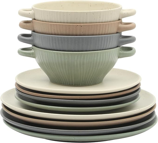 Gibson Elite Clover Hill 12-Piece Stoneware Dinnerware Set – Assorted Colors in Sage Green, Charcoal, Taupe & Cream – Embossed Reactive Glaze Plates & Bowls, Microwave & Dishwasher Safe, Service for 4