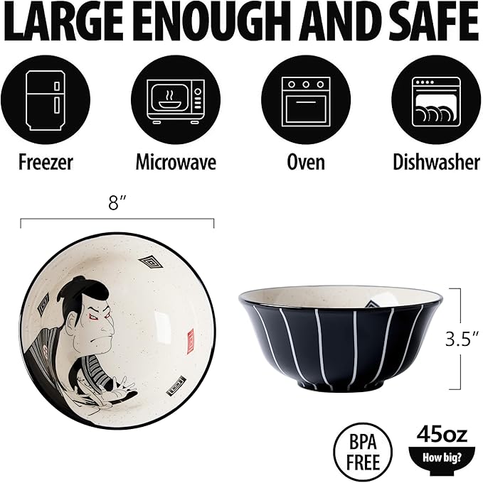 Ramen Bowl Set 45oz, 8inch, Japanese Ukiyo-e Design - Perfect for Ramen, Pho, and Noodles-Durable Ceramic Bowls, Microwave & Dishwasher Safe-Ramen Noodle Bowl Set (Samurai & Geisha)