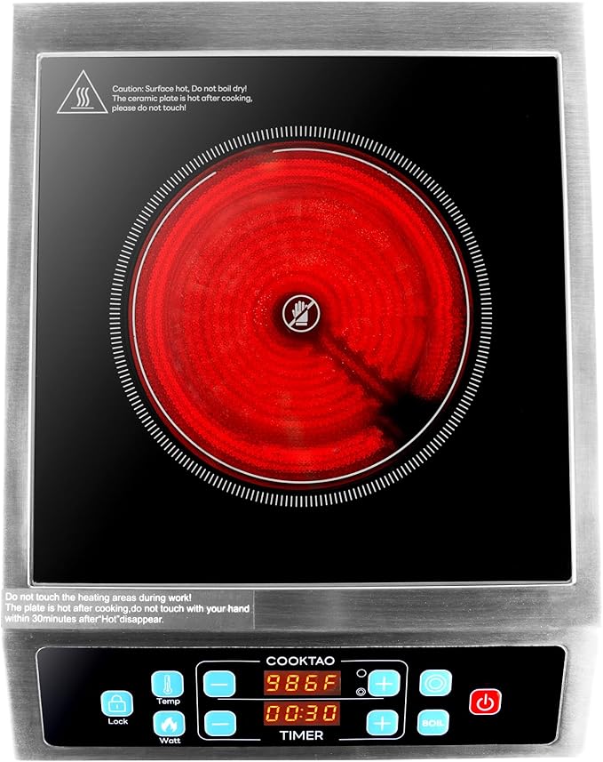 Dual Coils Design of Stainless Steel Single Burner Electric Cooktop, 1800W Commercial Ceramic Infrared Cooking Hot Plate, 12 inch Portable Countertop Radiant Stove Top Cooker with WATT n TEMP Control