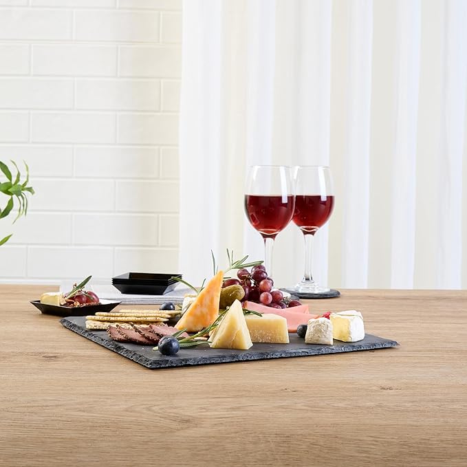 Restaurantware Slate Serving Trays 4 Pack of 12 x 12" Foam Feet Charcuterie Stone Plates Rustic Edges Freezable Black Square Serving Display Cheese Boards for Kitchen, Gourmet, Dining, Parties