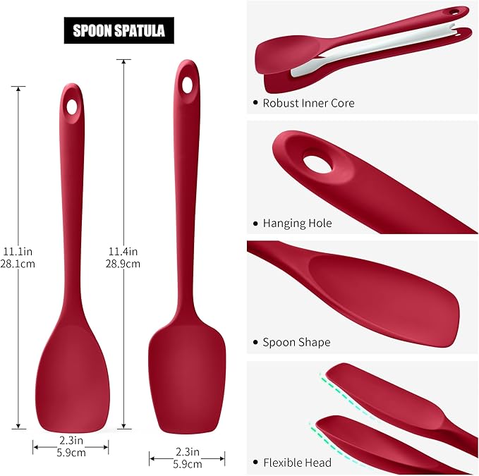 Doosu Silicone Spoon Spatula Set of 2, 600ºF Heat-Resistant Food Grade Rubber Spoonula with Seamless Design, Non-Stick Dishwasher Safe Kitchen Utensils for Cooking, Baking, Mixing, Scraping (Red)