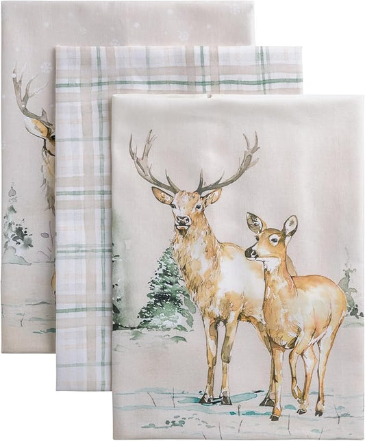 Maison d' Hermine Kitchen Towels Set of 3 100% Cotton 20" x 27.5" Reusable Cloth Tea Dish Towels Absorbent with Hanging Loop for Kitchen Dining Thanksgiving Christmas Decorations (Deer in The Woods)