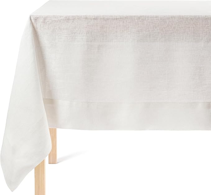 over&back 100%-Linen Woven Tablecloth - Colorful Dining Room Table Cover - Mitered Corner Hems - Machine Washable - Kitchen and Home Decor - Ivory - 70x90
