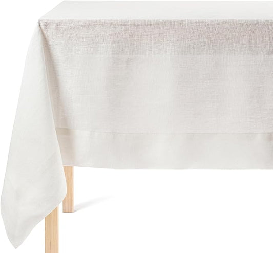 over&back 100%-Linen Woven Tablecloth - Colorful Dining Room Table Cover - Mitered Corner Hems - Machine Washable - Kitchen and Home Decor - Ivory - 70x90