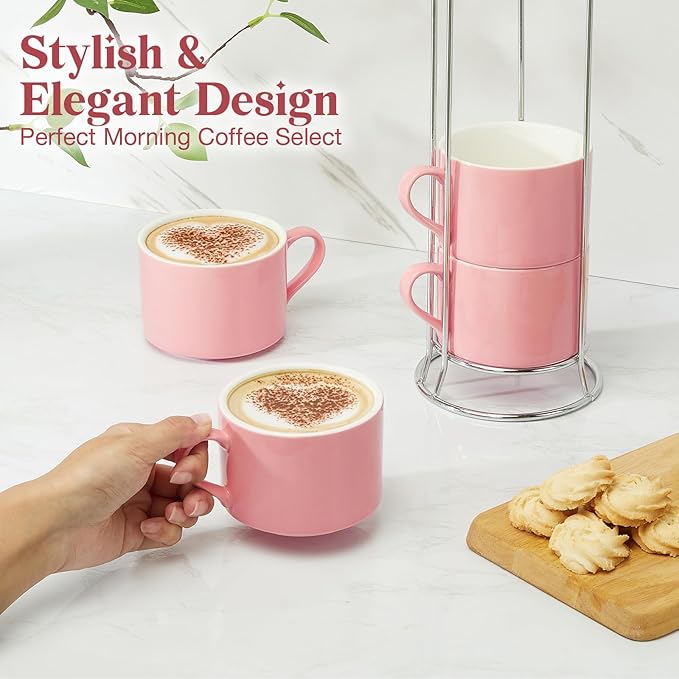 10 Ounce Pink Porcelain Stackable Cappuccino Cups with Stainless Steel Holder, Set of 4, Durable Ceramic, Perfect for Home, Office or Gift