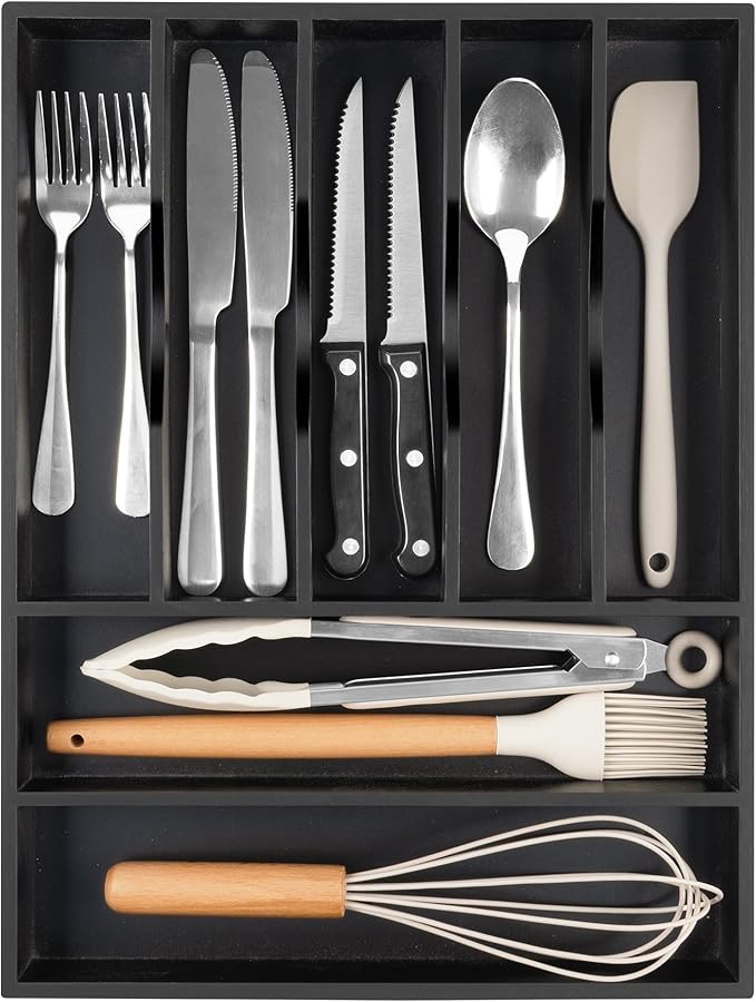 Bellsal Bamboo Silverware Drawer Organizer, Utensil Kitchen Drawer Organizer, Utensil Holder Cutlery Tray with Grooved Drawer Dividers for Kitchen Utensils and Flatware Bedroom Office (7 Slot, Black)