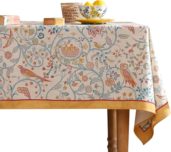 patdrea Designer Yellow French Spring Summer Tablecloth,Rustic Linen Floral Birds Pattern Table Cloth for Rectangle Tables,Decor Table Cover for Kitchen Dining Holiday Banquet,Christmas,63"*94"