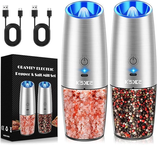 Rechargeable Electric Pepper and Salt Grinder Set, No Battery Needed, whit Gravity Sensing Switch and LED Light, One Hand Automatic Operation, Sliver, 2 Pack